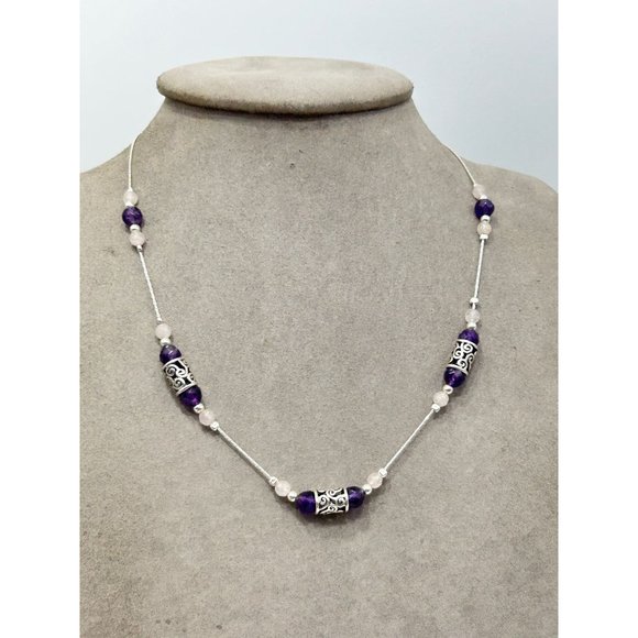 Amethyst & Pink Quartz Sterling Silver Station Necklace Signed PZ Israel 925 - Picture 5 of 7